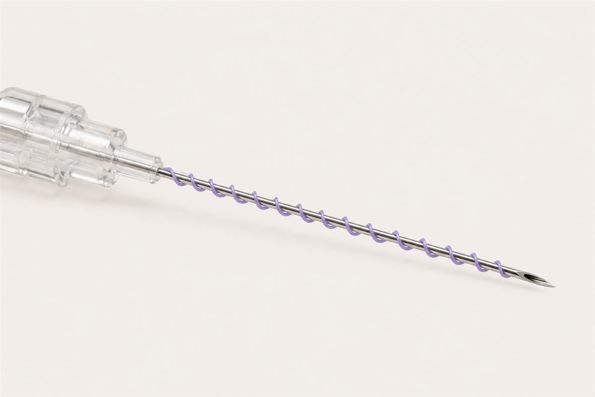Spiral screw thread wound along a needle