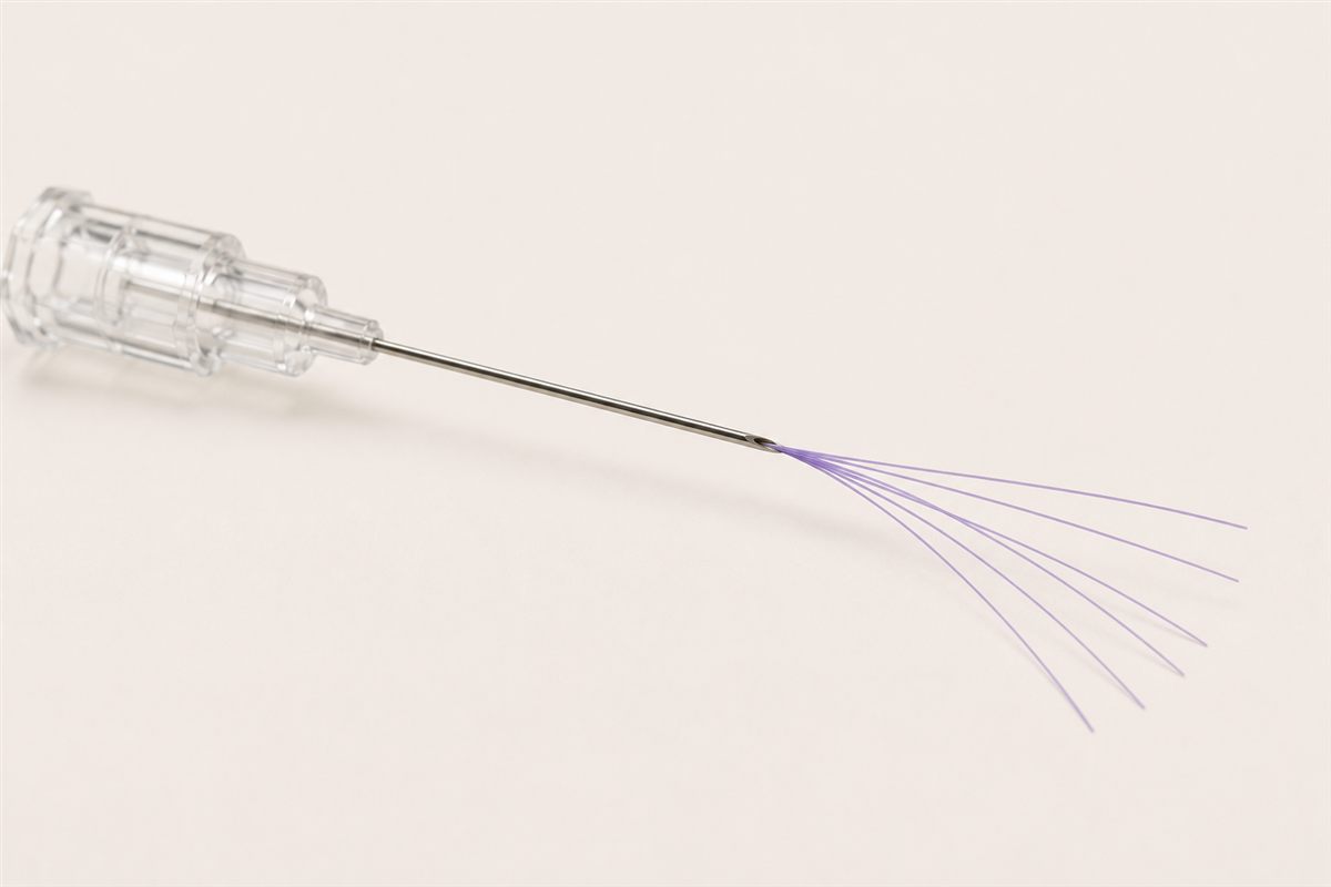 Multi-strand volume threads fanning from one needle